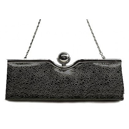 Evening Bag - 12 PCS - Patent Leather w/ Metal Frame - Black - BG-43140DBK